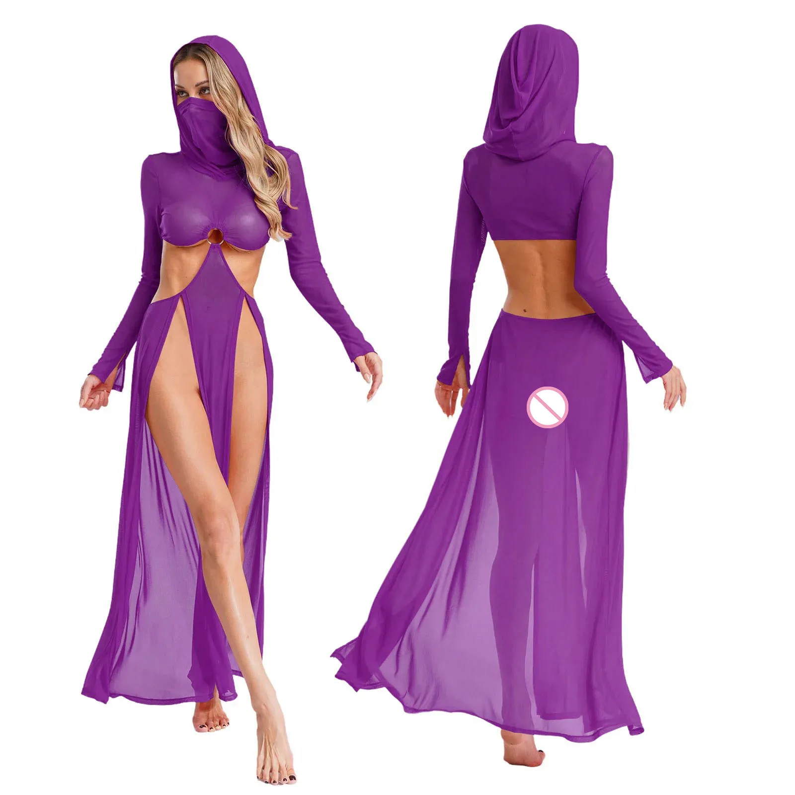 Gaun Maxi Wanita Berbahan Sheer dengan Hoodie, Belahan Tinggi, Masker Wajah, Lengan Panjang, Detail Mesh Berlubang, Cocok untuk Liburan Bulan Madu, Pantai, dan Klub