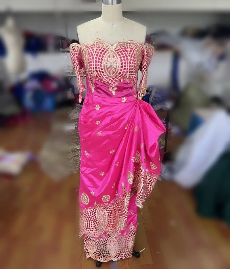 Nigerian Hot Pink Prom Dresses Off The Shoulder African Wedding Party Gowns Aso Ebi Women Dinner Wear robes de soirée