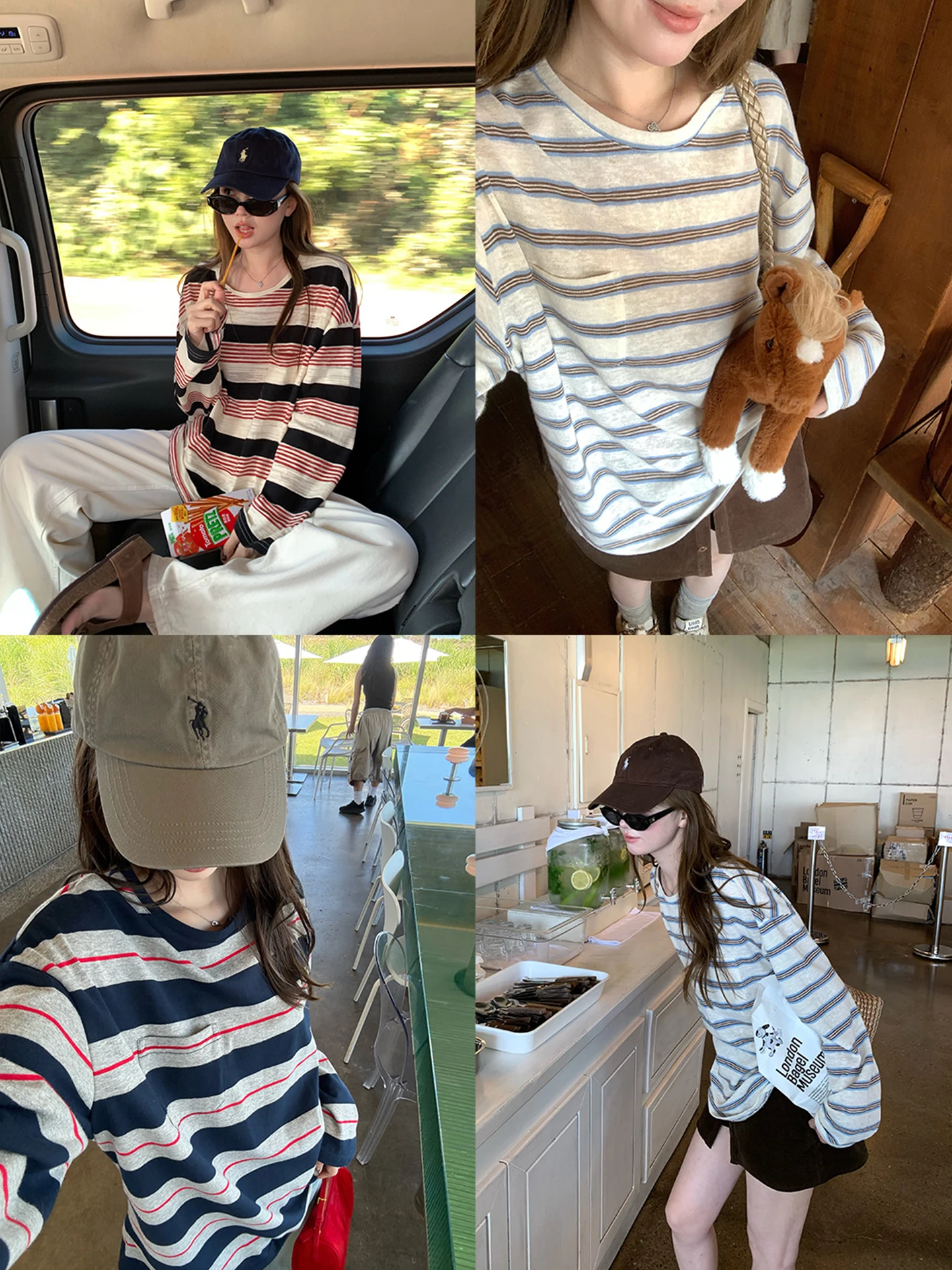 

Свободная длинная полосатая футболка Sve, женская осенняя корейская футболка, ленивый расслабляющий топ, хлопковый удобный дышащий круглый Ne