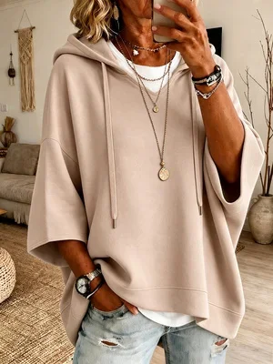 Plus Size Women Hooded Drawstring Poncho Top Half Sleeve Loose Casual Solid Color Hoodie Blouse