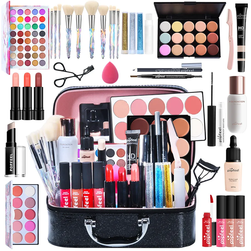 Makeup Kit Full Set Box Glitter Eyeshadow Plate Powder Blush Foundation Professional Multifunctional for Miss Women Make-up Bag