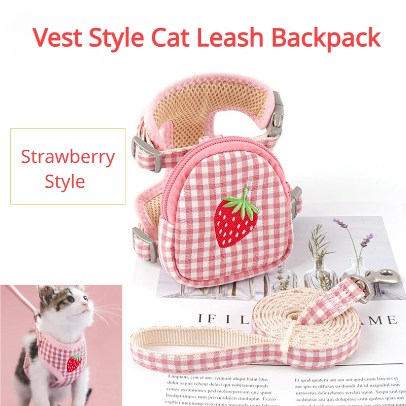 

Cute Strawberry Vest Cat Harness Backpack Breathable Adjustable Chest Strap Pet Traction Rope Set Pets Dog Cats Leash Supplies