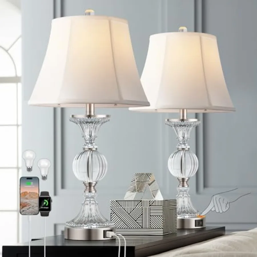 

QiMH Glass Table Lamps for Living Room Modern Table Lamp for Bedroom Bedside Lamps Set of 2 with USB A+C Ports 3-Way Dimmable T