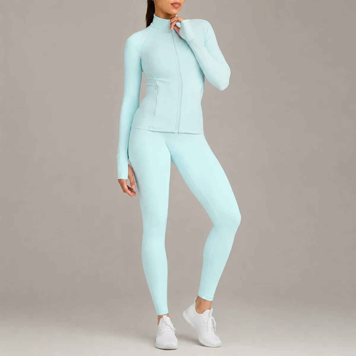 Women 2 Piece Workout Set Full Zip Long Sleeve Jacket High Waist Hip Lifting Leggings Set Slim Fit Yoga Gym Running Sports Suit