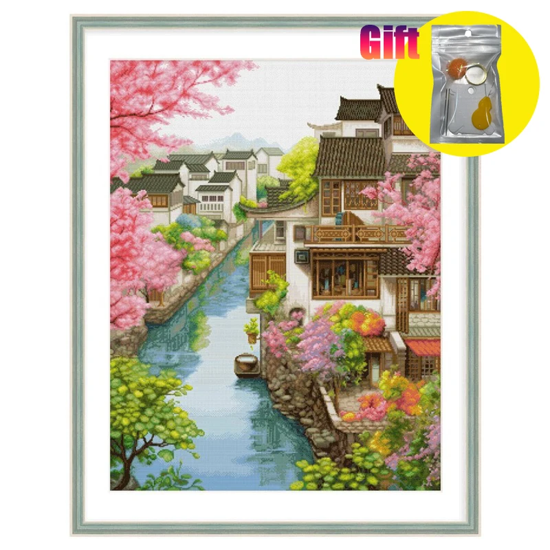 DIY cross stitch embroidery kit 11ct printed canvas Landscape pattern Spring in ancient Chinese towns aida cross-stitch fabric