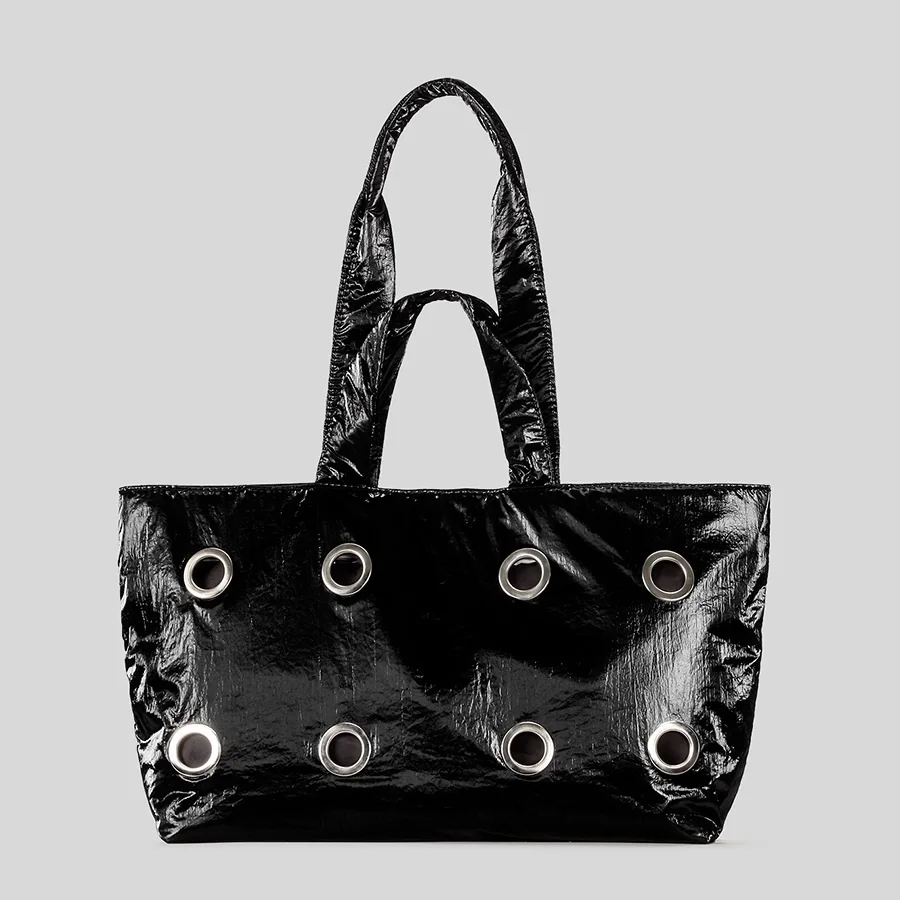 

Shiny surface Design women handbag Large capacity Personality Nylon rivet Bucket shoulder bag big ladies totes bolsa