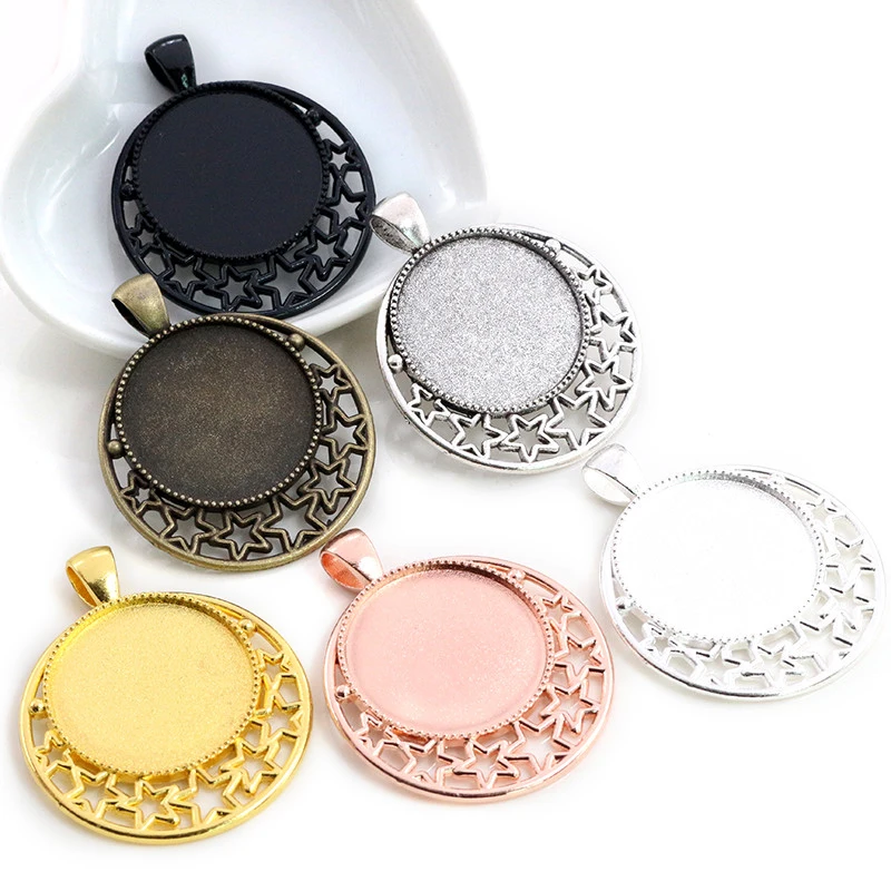 New Fashion 5pcs 25mm Inner Size Antique Silver Gold Black Plated Pierced Stars Cabochon Base Setting Charms Pendant