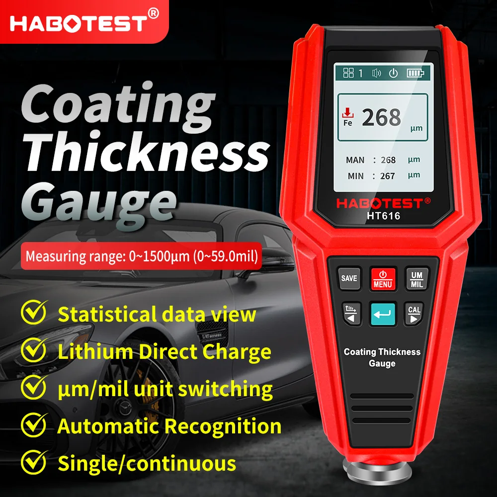 HABOTEST HT616 Car Paint Thickness Gauge 0-1500UM Fe & NFe Paint Thickness Tester Manual Coating Meter Automotive Tools