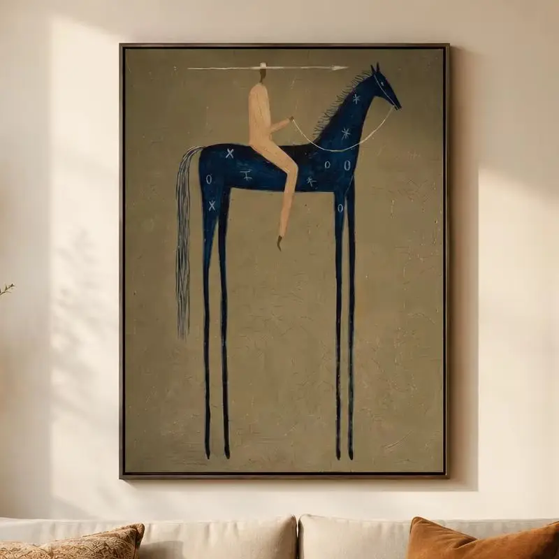 Blue Arrow – Vintage Americana Rider with Spear on Indigo Horse Painting | Canvas Wall Printfor Bedroom, Living Room, Office