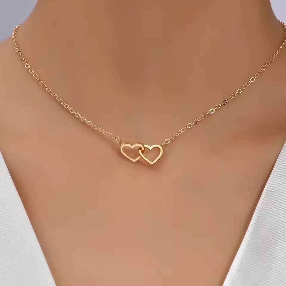 ASONSTEEL Colar com pingente de coração duplo simples para mulheres, aço inoxidável, metal, elegante, presente de dia dos namorados, romântico