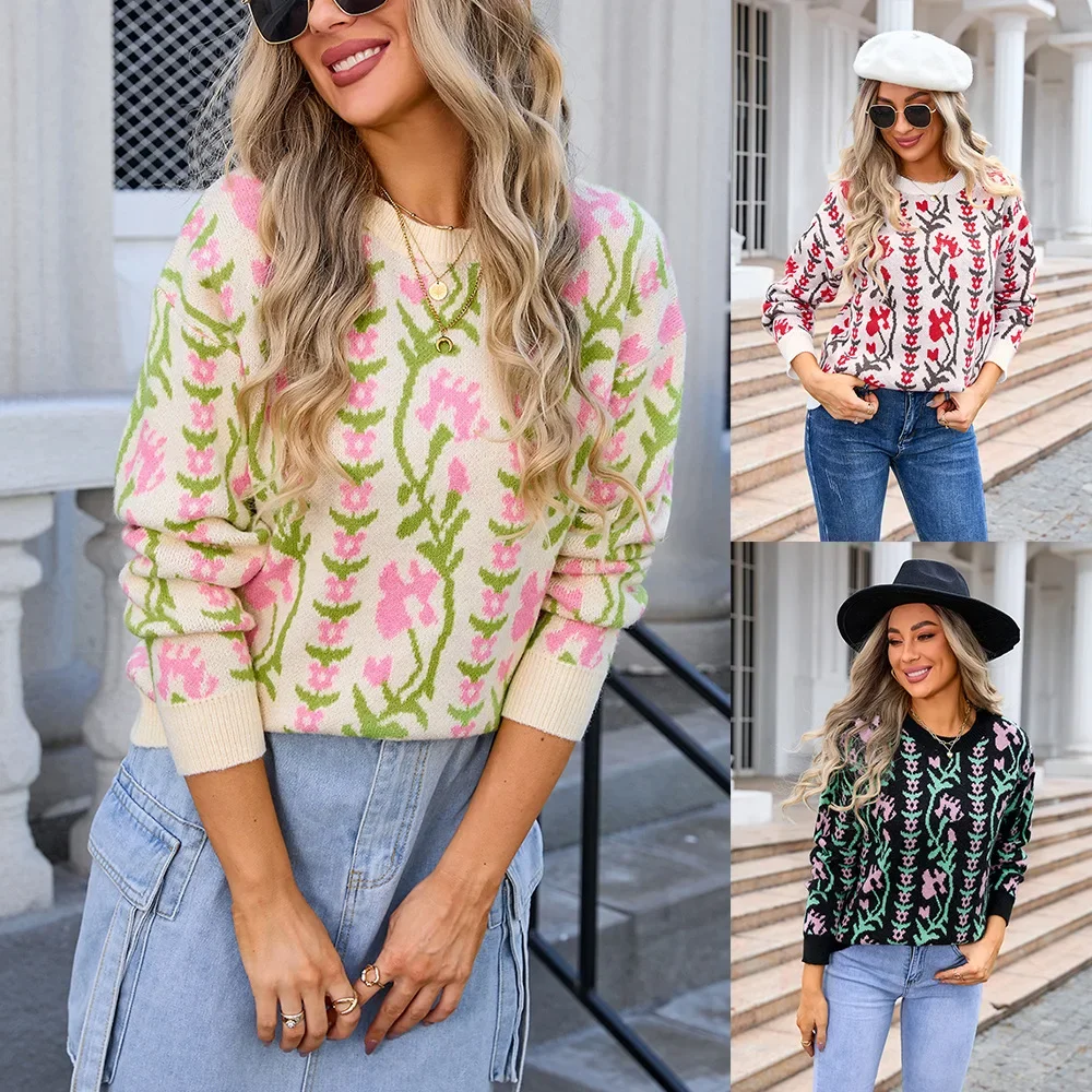 Strick pullover Frauen dicken Druck Blumen pullover voller Ärmel Rundhals ausschnitt Freizeit pullover elegante Dame Winter leichte Stretch