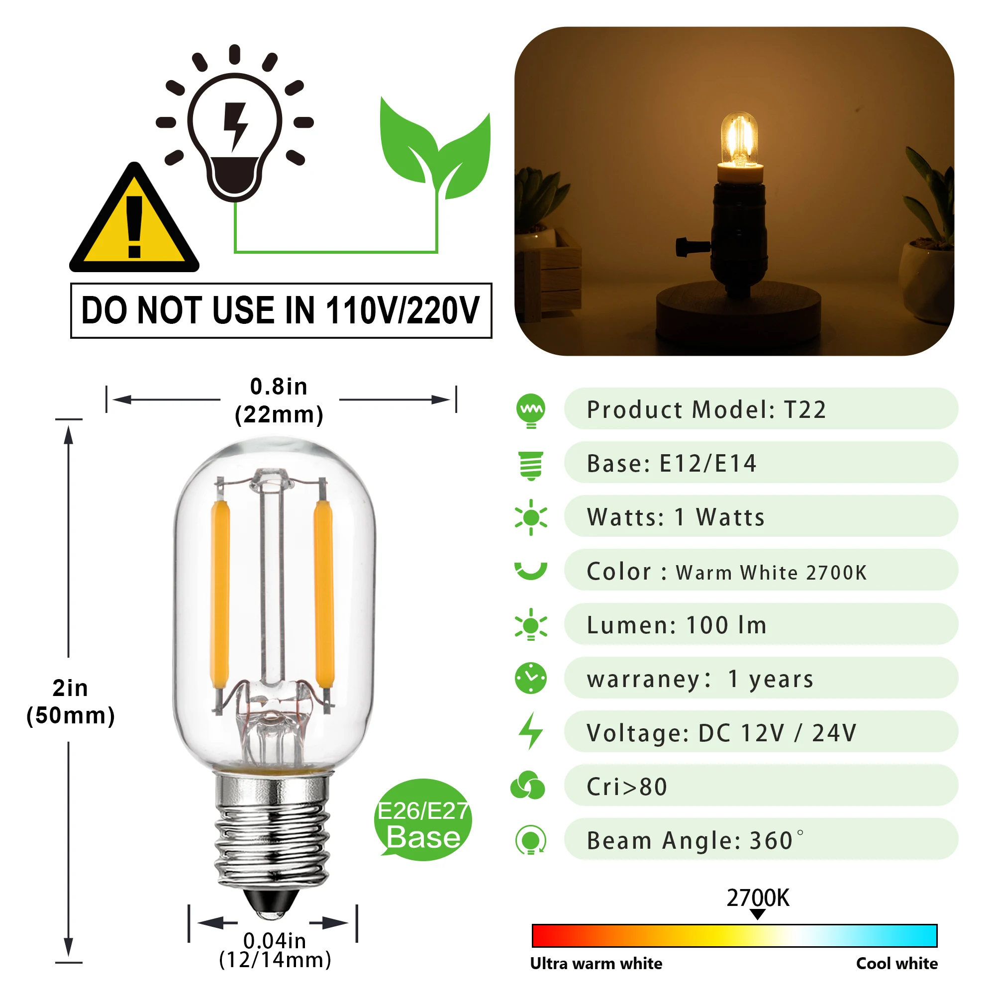 Imagem -03 - Lâmpadas Led de Baixa Tensão dc 12v 24v E14 E12 Energy Saving 1w Branco Quente para rv Decoração de Luzes de Paisagem ao ar Livre