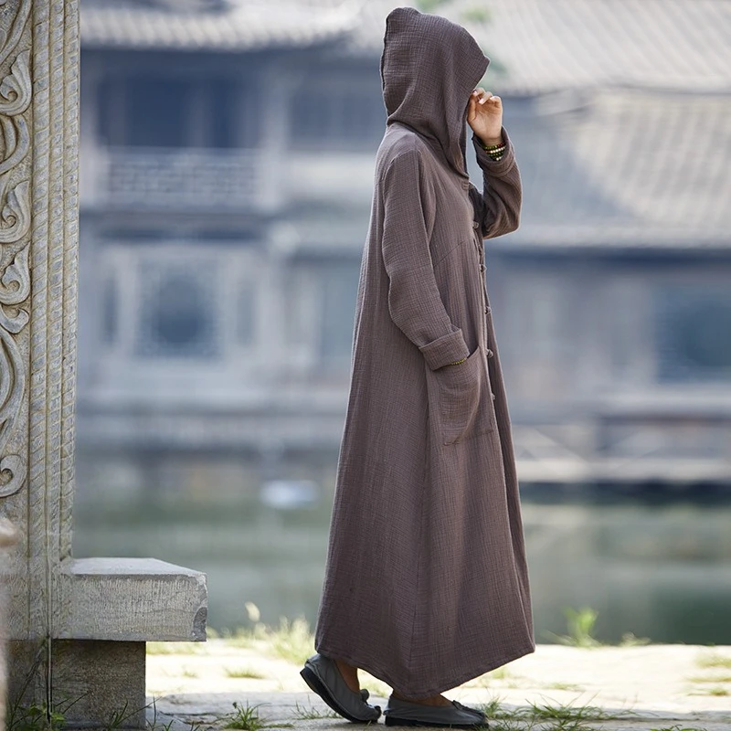 Spring Summer Cotton Linen Women's Clothing New Retro Harajuku Hooded Trench Coat Lightweight Long Robe Cape Outerwear Jacket