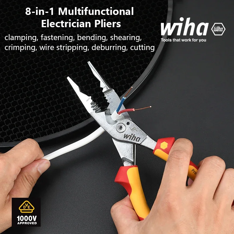 Wiha 8-in-1 Multi-Purpose Pliers Industrial Electrician Insulated Wire Strippers 1000V VDE Test Simple to Use 45489