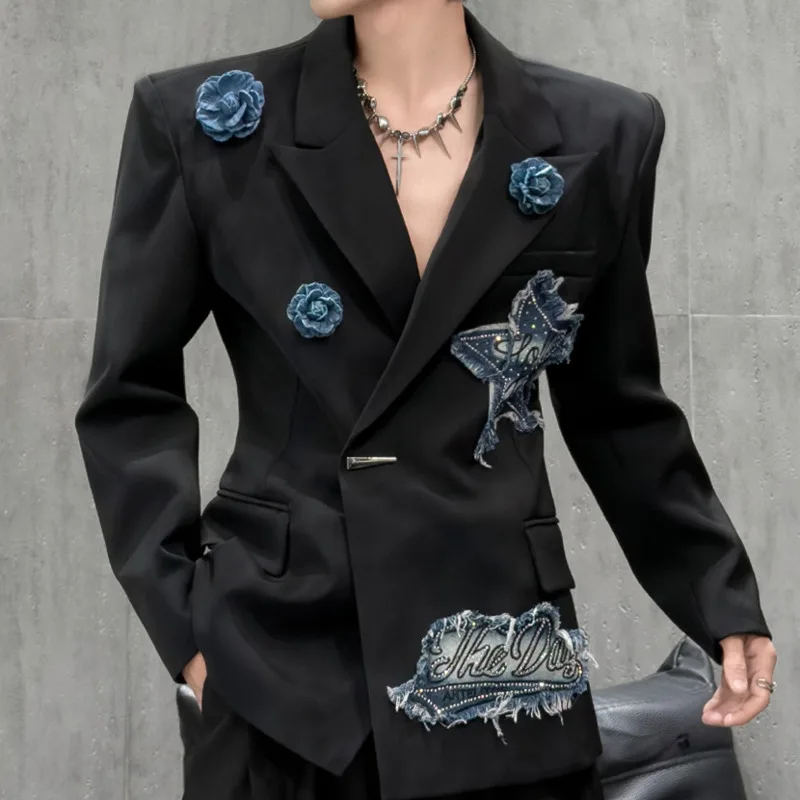 2026 New Korean Style Denim Patchwork Suit Stylish Casual Stage Costumes For Singers Men's Niche Suit Stylish Blazers For Men