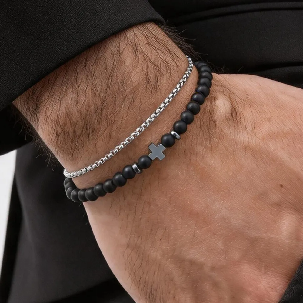 2pcs Cross Bracelets for Men,Stainelss Steel Adjustable Chain Link Wristband,Casual Elastic Healing Bracelet Jewelry Gift