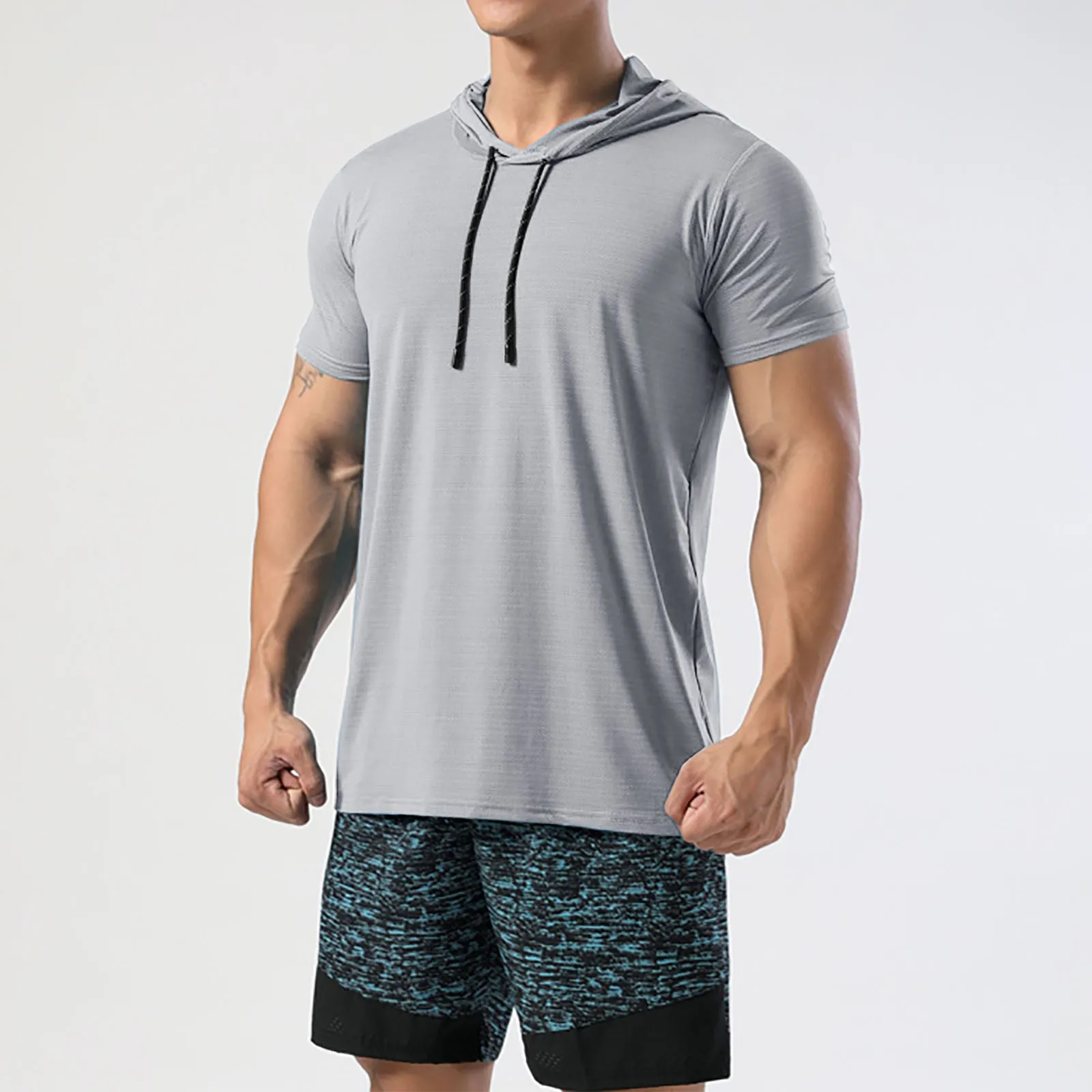 Men Hooded Short Sleeved T Shirt Ice Silk Elastic Fast Drying Casual Fitness Running Training Windproof Outdoor Streetwear