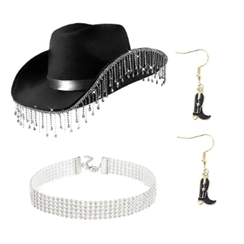 Roleplay Costume Set Choker Earring for Bride Western Cowgirl Hat Rhinestones Fringed Hat Bachelorette Party Accessories