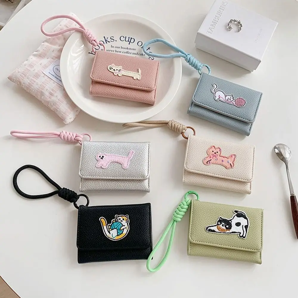 

Fashion Kawaii Women Three Fold Wallet Cute Cat Short Cartoon Money Bag with Lanyard Hasp Student Card Coin Purse Girls
