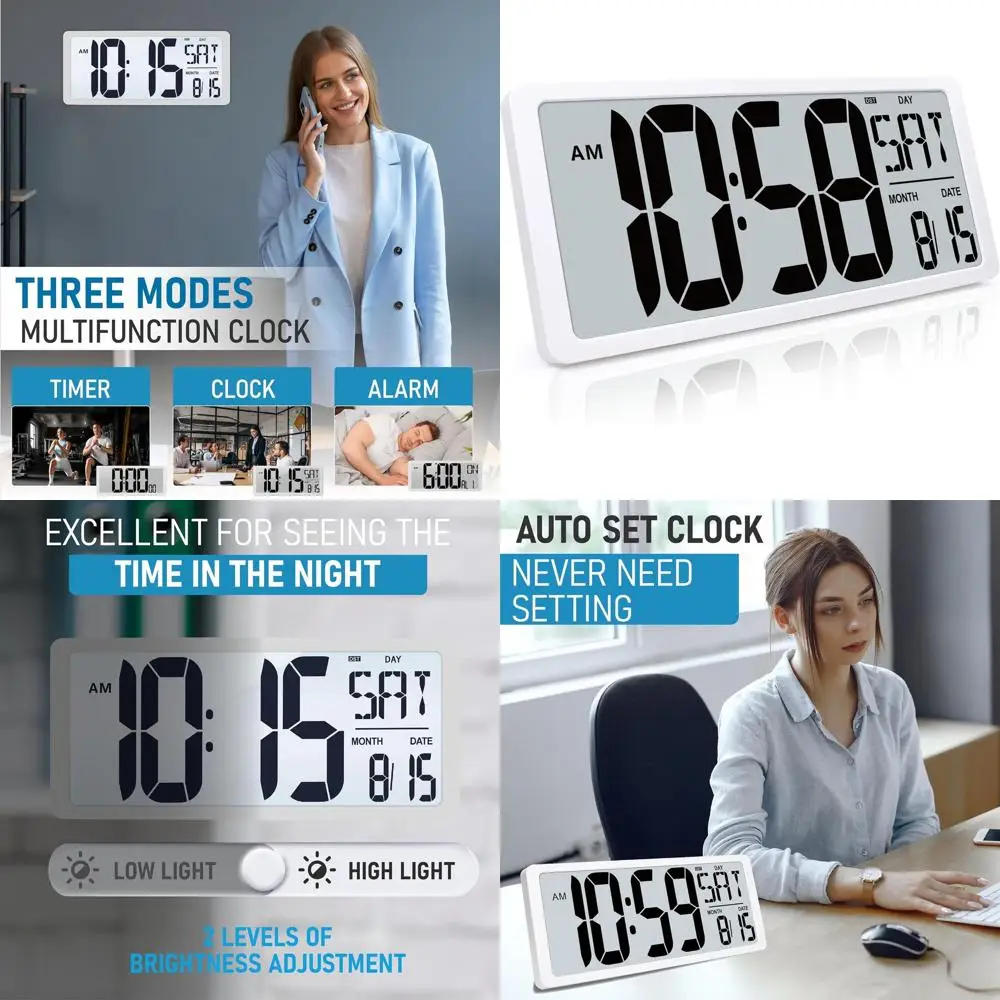 

Large 18.44 Digital Wall Clock with Backlight, Battery-Powered Alarm, Displaying Day, Date, and Temperature, Ideal for Home, Cla
