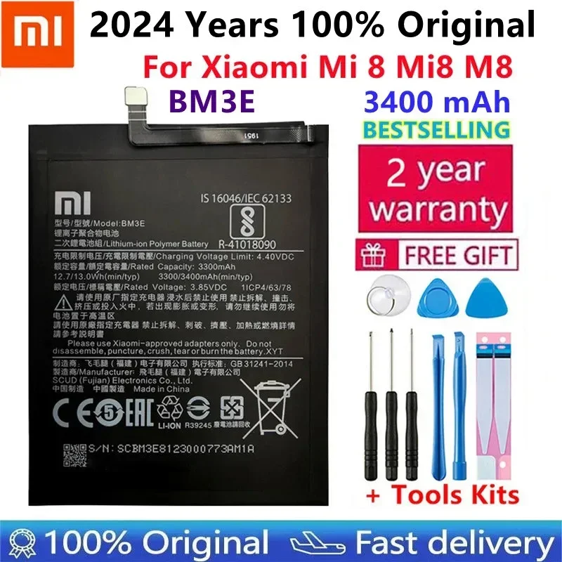 

2024 100% Original Xiao Mi Phone Battery BM3E For Xiaomi Mi 8 Mi8 M8 Real 3400mAh Replacement Batterie Bateria Fast Shipping