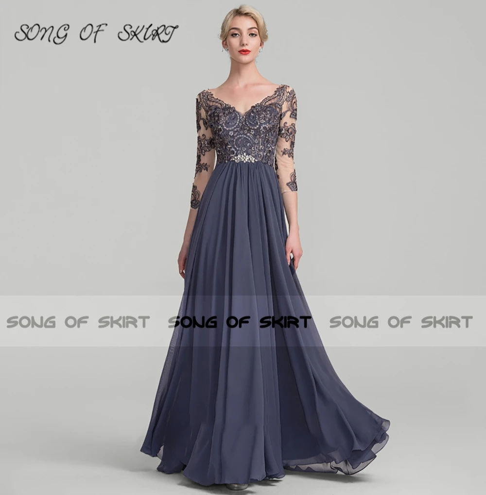 Robes mère De la mariée en mousseline De soie bleue à paillettes, ligne A, col en V, Robe De Soirée formelle pour les invités De mariage