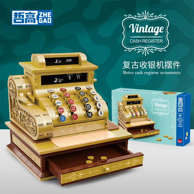 ZHEGAO Mini 00387 Vintage Cash Register Model Creative Desktop Ornaments Series DIY Toys Building Blocks Gift For Boys 1630Pcs