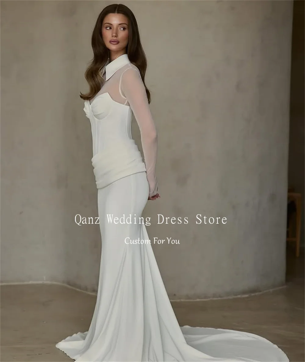 Qanz Unique Design Ivory Wedding Dress Mermaid Vintage Satin Sheer Long Sleeves Vestidos De Novia Robe De Mariée 2025 Customized