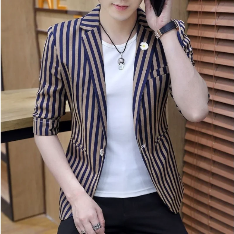 Mens Stripe Jacket Top Thin Summer Printing Jacket Fashion Slim Fit Small Suit Casual Men's Top Coat Korea Style