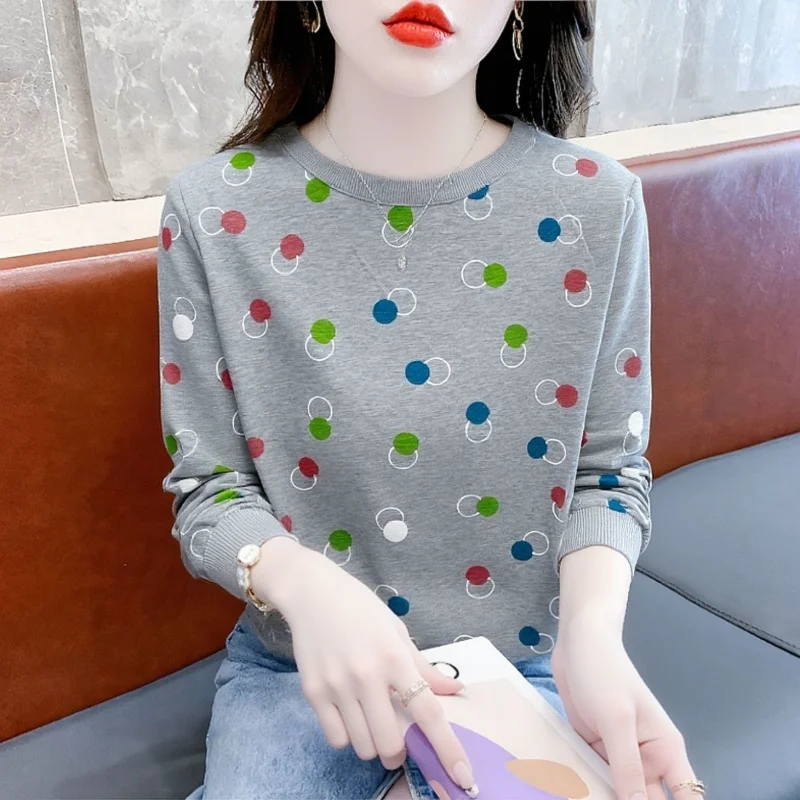 Women Crew Neck Printed Sweatshirt Colorful Dots Pattern Loose Long Sleeve Casual Top For Middle Aged