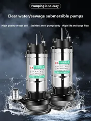 220V Stainless Steel Water Pump Submersible Sewage Pump Home Car Wash Watering Vegetable Agricultural Irrigation High Head Flow