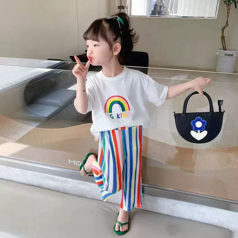 Girls Rainbow Print Sets Summer Children Short Sleeve Clothes Suits Kids T-shirt Tops+Pants 2Pcs Baby Thin Outfits 1-8 Years