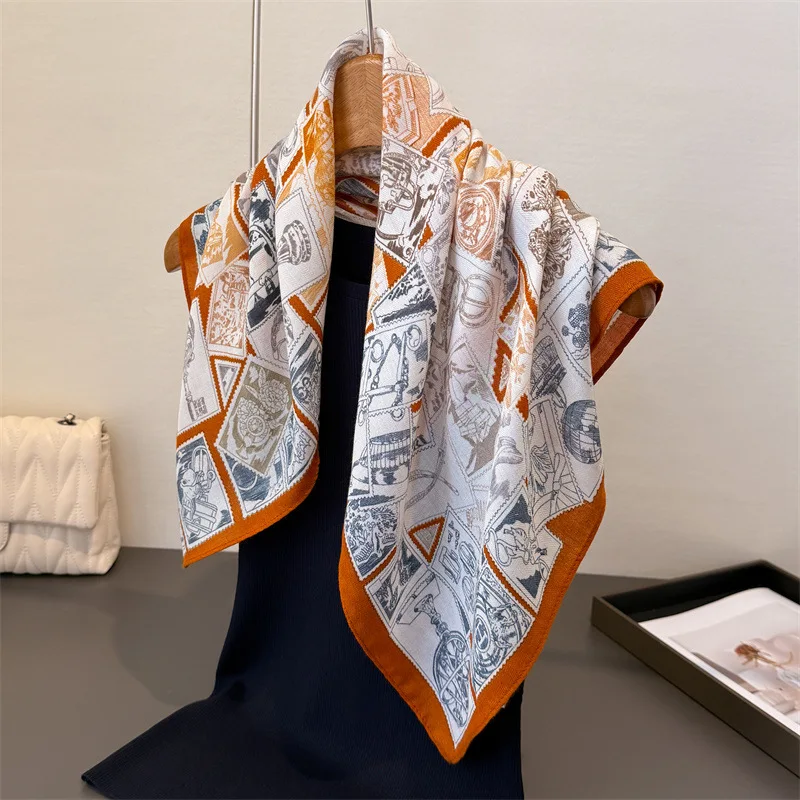 Exotic retro herringbone cotton-linen style small square scarf, faux velvet shawl, sun-protective neckerchief for women