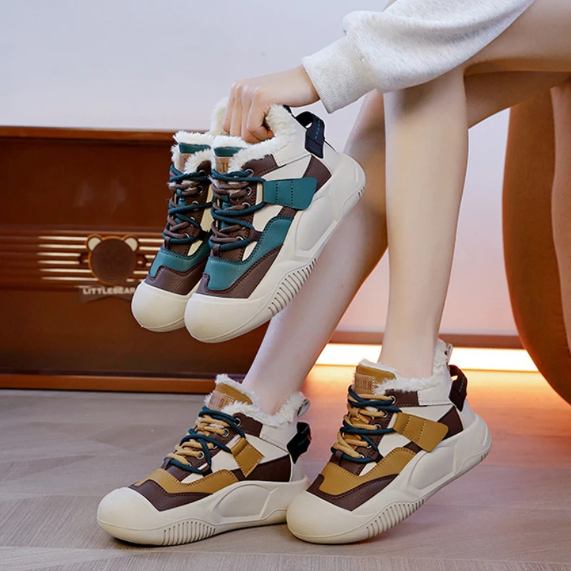 Winter Sneakers with Fur Women Fashion Colour Blocking Trainers Feminine Comfort Warm Plush Casual Sports Skateboard Shoes Lady