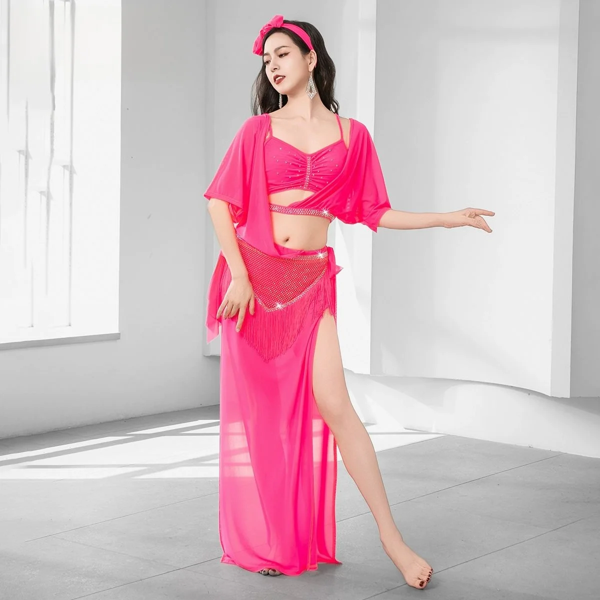 فستان نسائي للرقص الشرقي بلدي مجموعة فستان الرقص الشعبي زي المنافسة أداء شابي رداء مع شرابات حزام مثلث #4