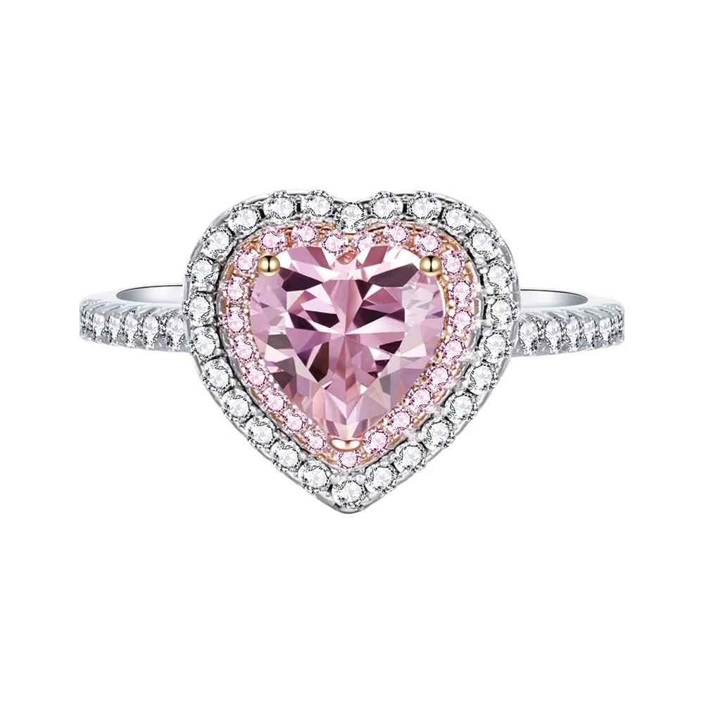 925 Sterling Silver Pink Diamond Heart-Shaped Ring Romantic Christmas & Wedding Jewelry Gift for Her with Free Shipping Birthday