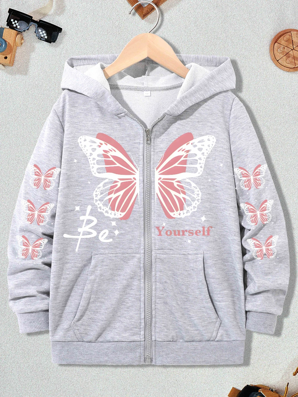Teen Boys Girls Grey Pink Butterfly Graphic Zip Up Sweatshirt Hoodie Be Yourself School Outfits Fall Winter Birthday Gift