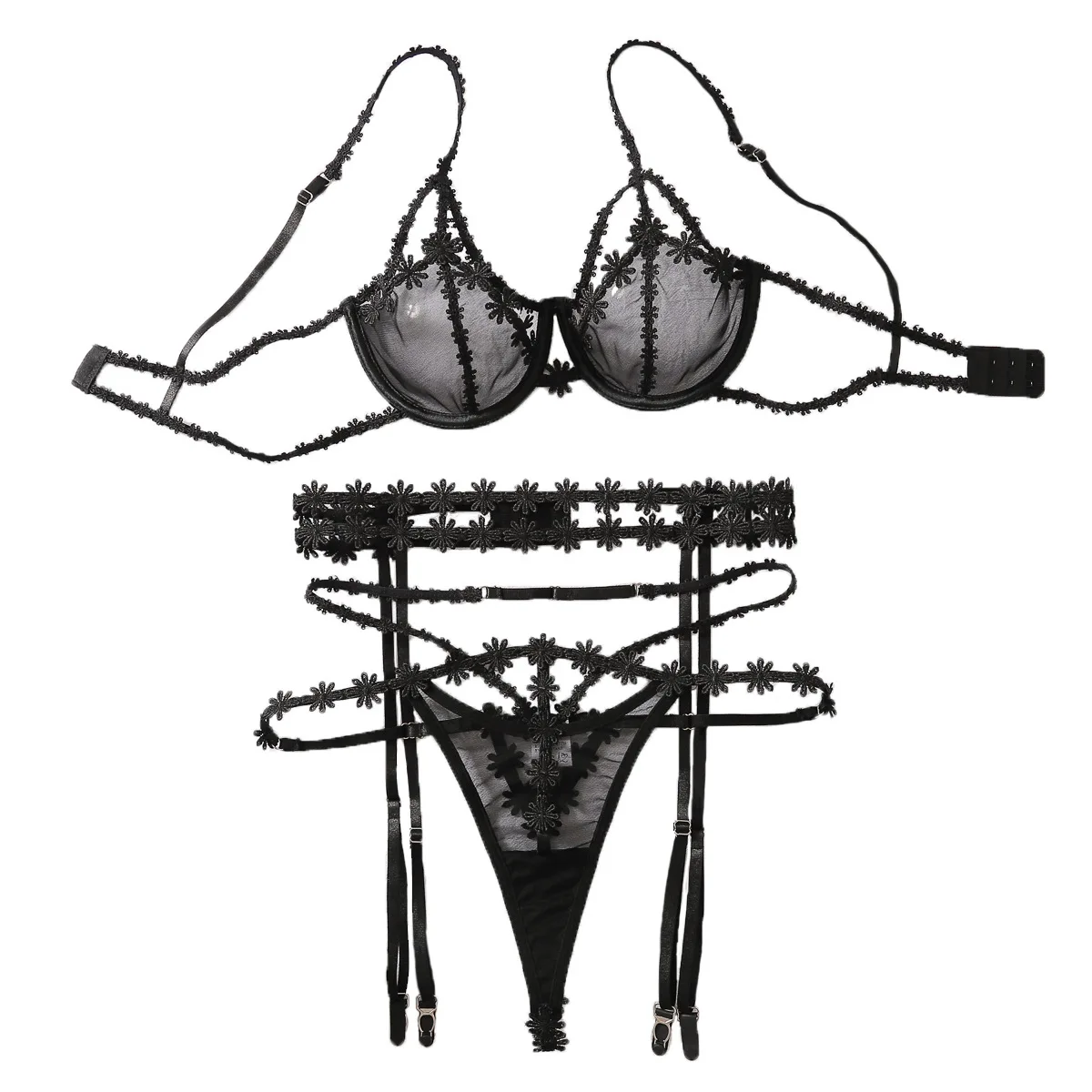‌ Mesh lingerieset 3-delig puur uitgesneden kanten ondergoed voor dames