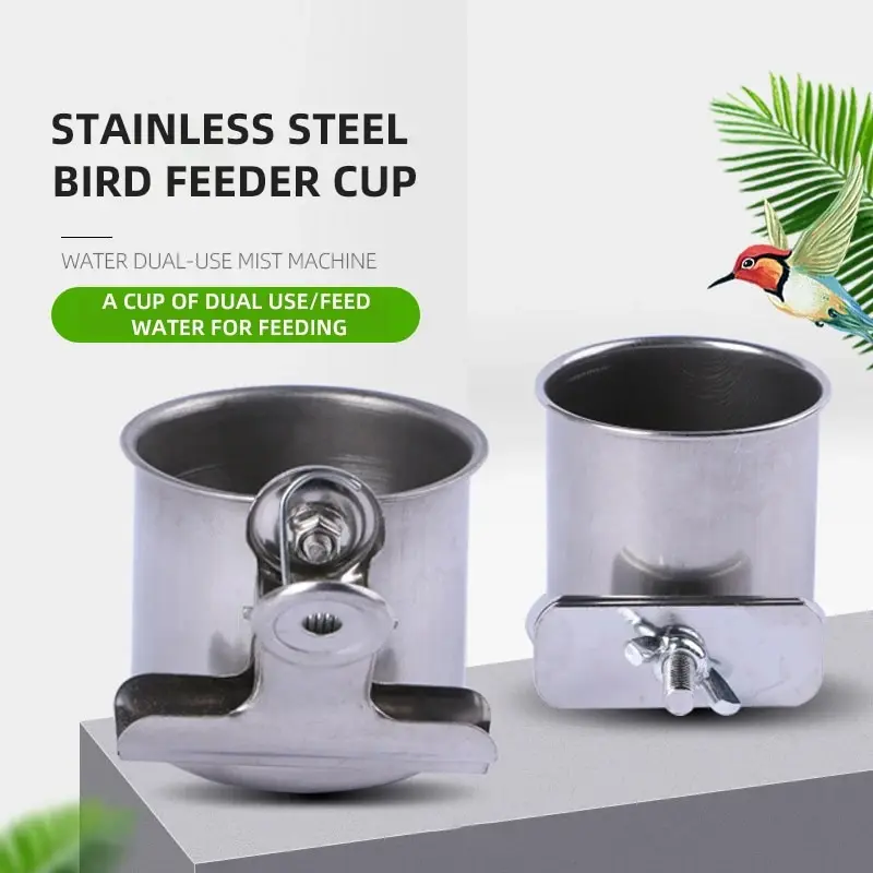 Bird Feeding Cups - Parrot Food Dish Stainless Steel Parrot Feeders Water Cage Bowls with Clamp Holder