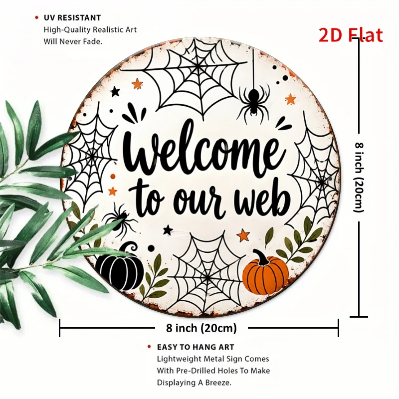 2D Flat, [2Dflat], 1pc 20x20cm- Metal Aluminum Tin Plaque, Welcome to Our Web Decorative Signs, Spider Web Pumpkin Vintage Wall