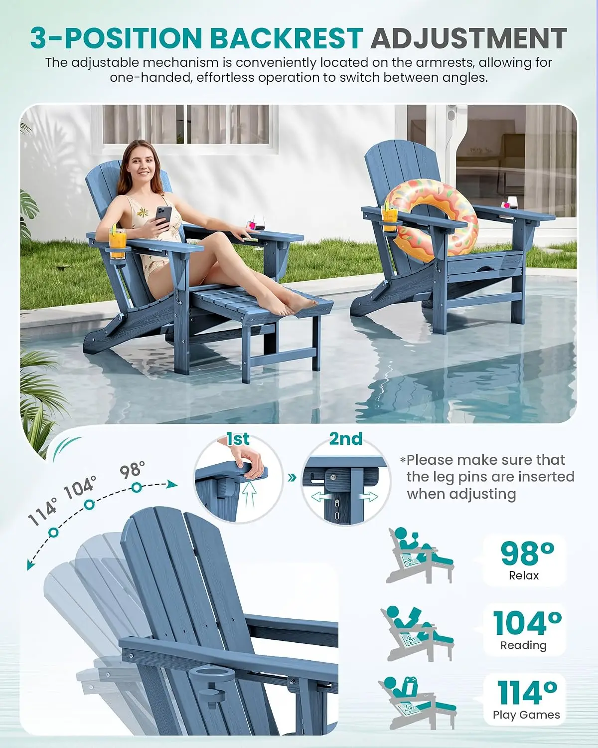 Outdoor Reclining Adirondack Chair with 2 Cup Holders, All Weather Adirondack Recliner with Ottoman for Patio, Poolside