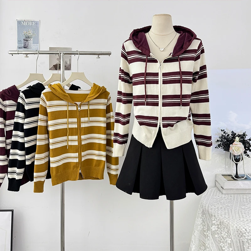 Fashion Color Blocking Striped Cardigans Chic Design Zipper Hooded Knitted Sweater Female Preppy Style Knitwear Tops