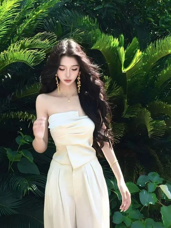 

White Elegant Slimming High Waist Wide Leg Pants Two Piece Set Women Summer Fashion Casual Loose Fit Tube Top Romper
