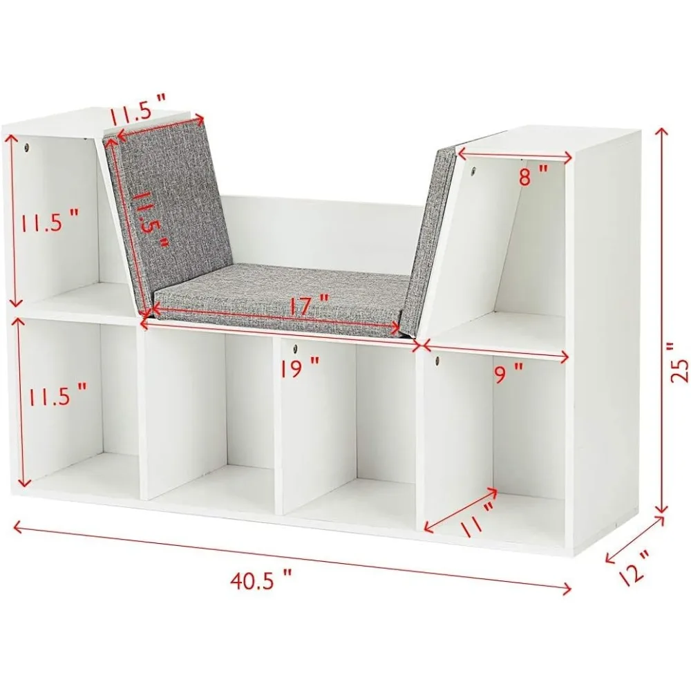 6-Cubby Kids Bookcase w/Cushioned Reading Nook, Multi Purpose Storage Organizer Cabinet Shelf with Soft Cushion and Thick