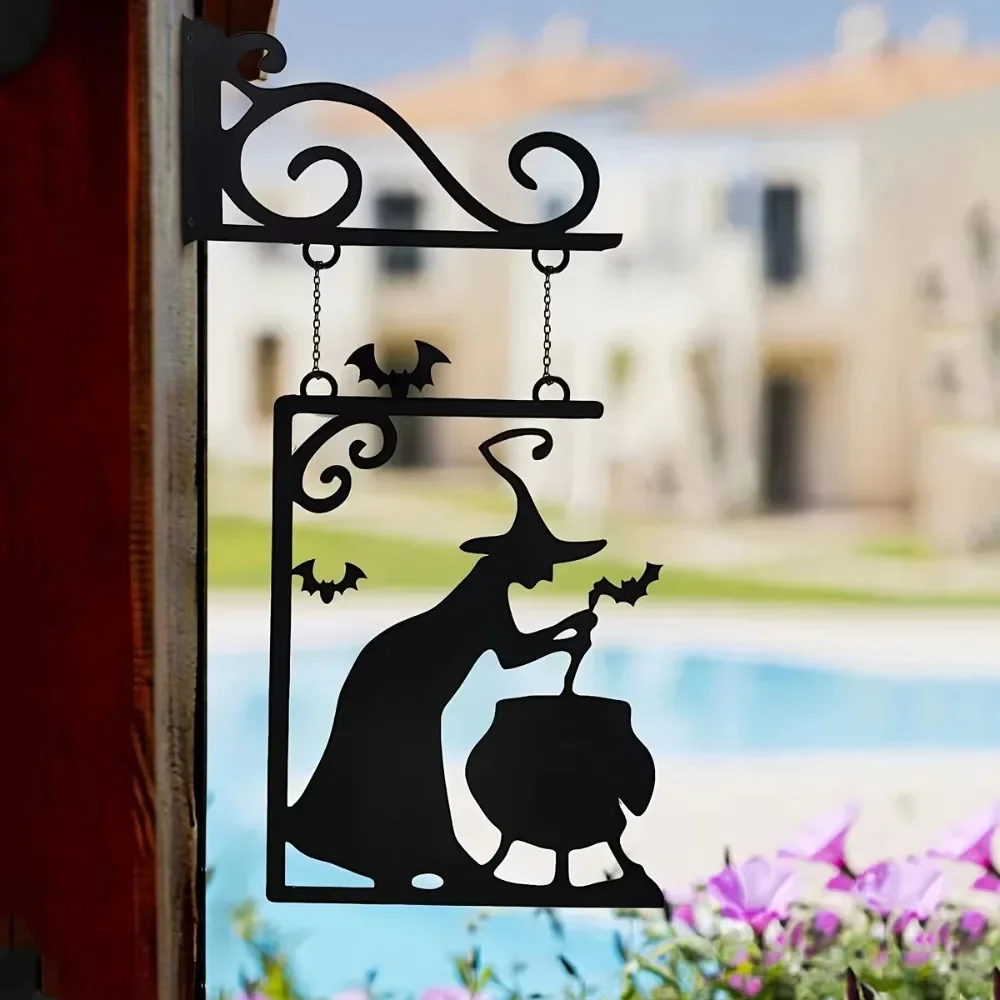 CIFBUY Halloween Witch Cauldron Bats Metal Wall Art Silhouette Hanging Sign Rustproof Outdoor Home Decor (No Chain Included)