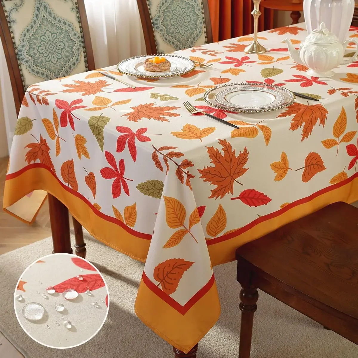 Fall Thanksgiving Maple Leaves Waterproof Rectangle Tablecloth Holiday Party Decor Reusable Farmhouse Kitchen Dining Tablecloth