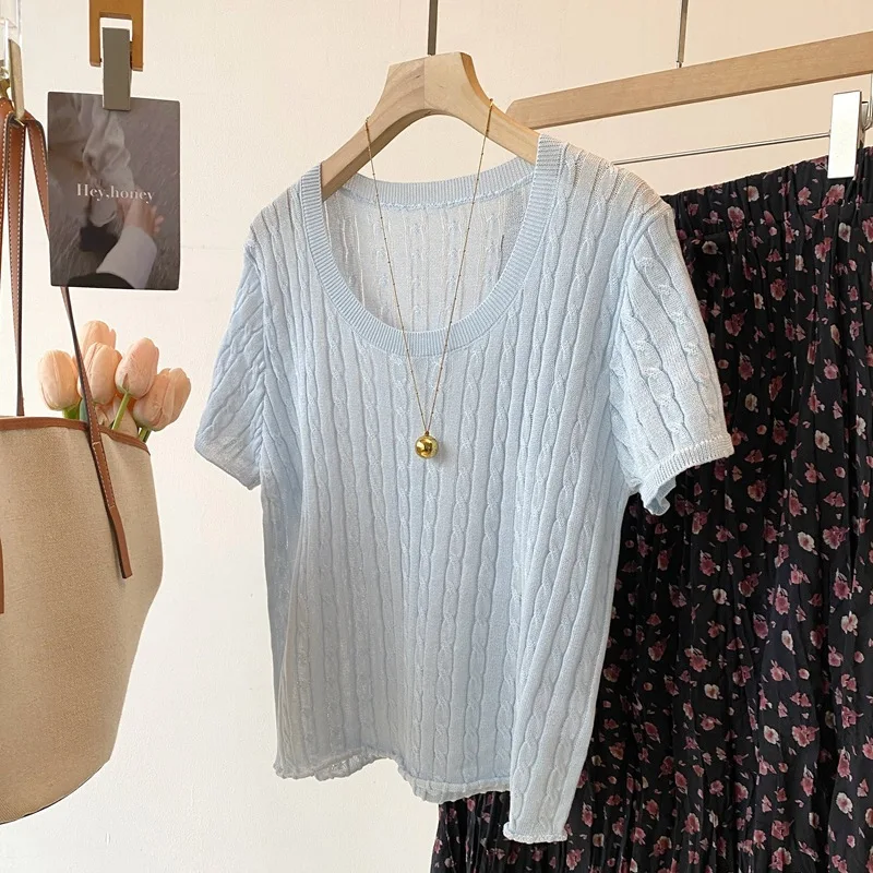 

Dave&di 26 Summer New 100% Lyocell Fiber Knit U Neck Fried Dough Twists Short Sleeve Top