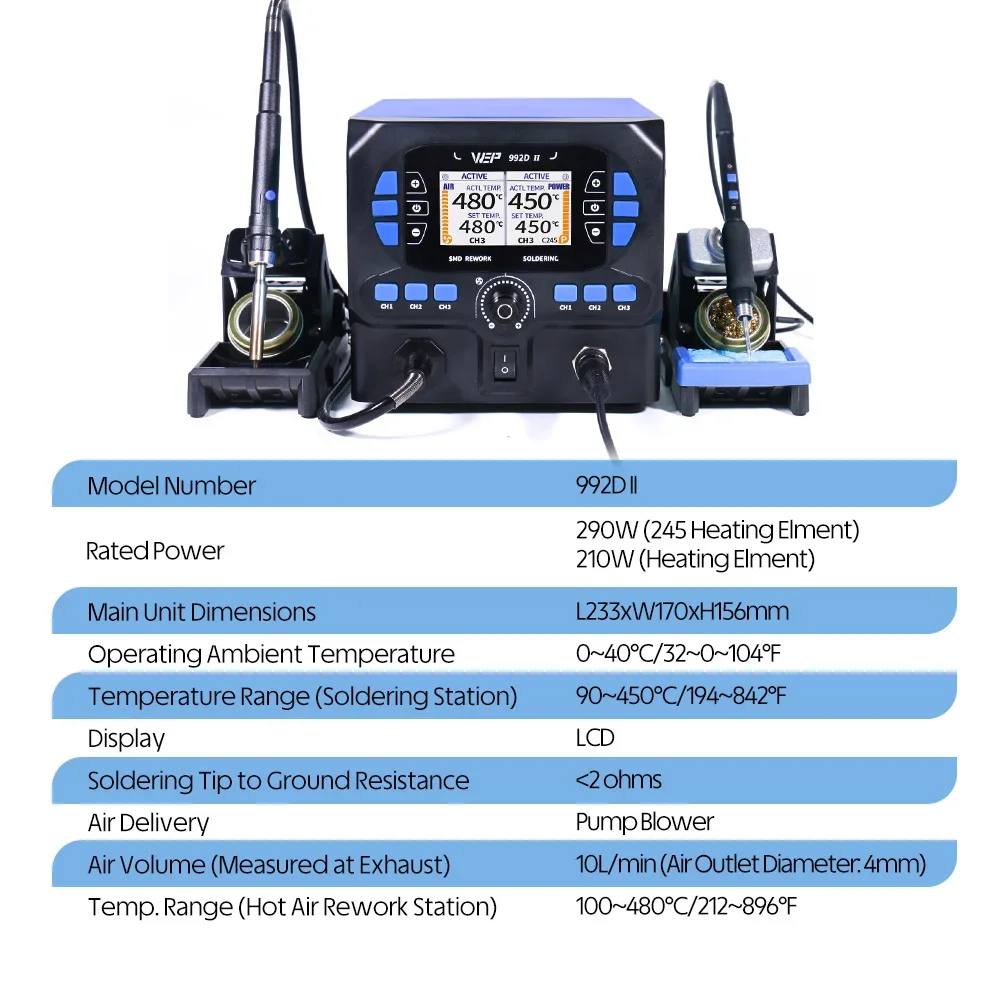 WEP 992D-II 2 In 1 LCD Display Micro Hot Air Pencil Precision C210 Soldering Iron Rework Station