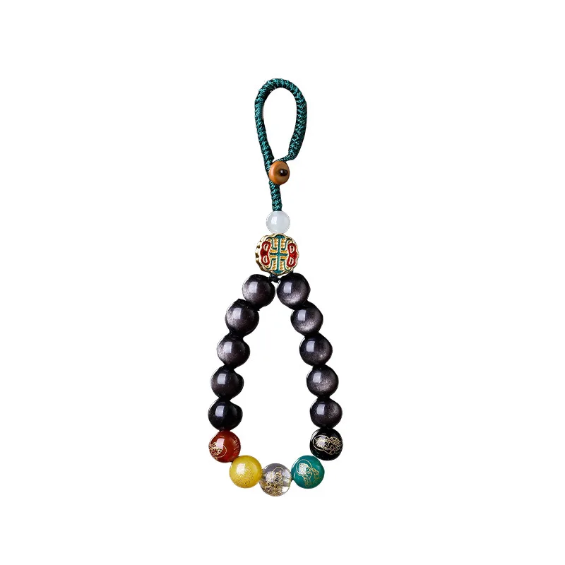 Obsidian Five-Way God of Wealth Chinese Zodiac Agate Phone/Keychain Pendant Short Strap Vintage Ornament Gift