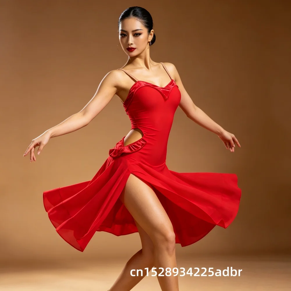 Women Glossy Red Latin Dance Competition Costume Heart Neck Side Hollow Design Ruffled Irregular Skirt For Ballroom Dance Tourna